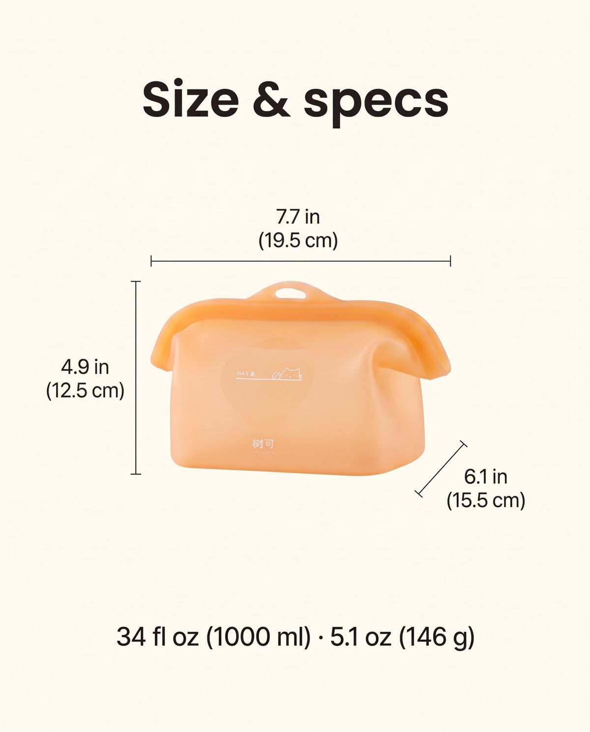 Size chart: 7.7 by 4.9 by 6.1 inches, 34 fluid ounces