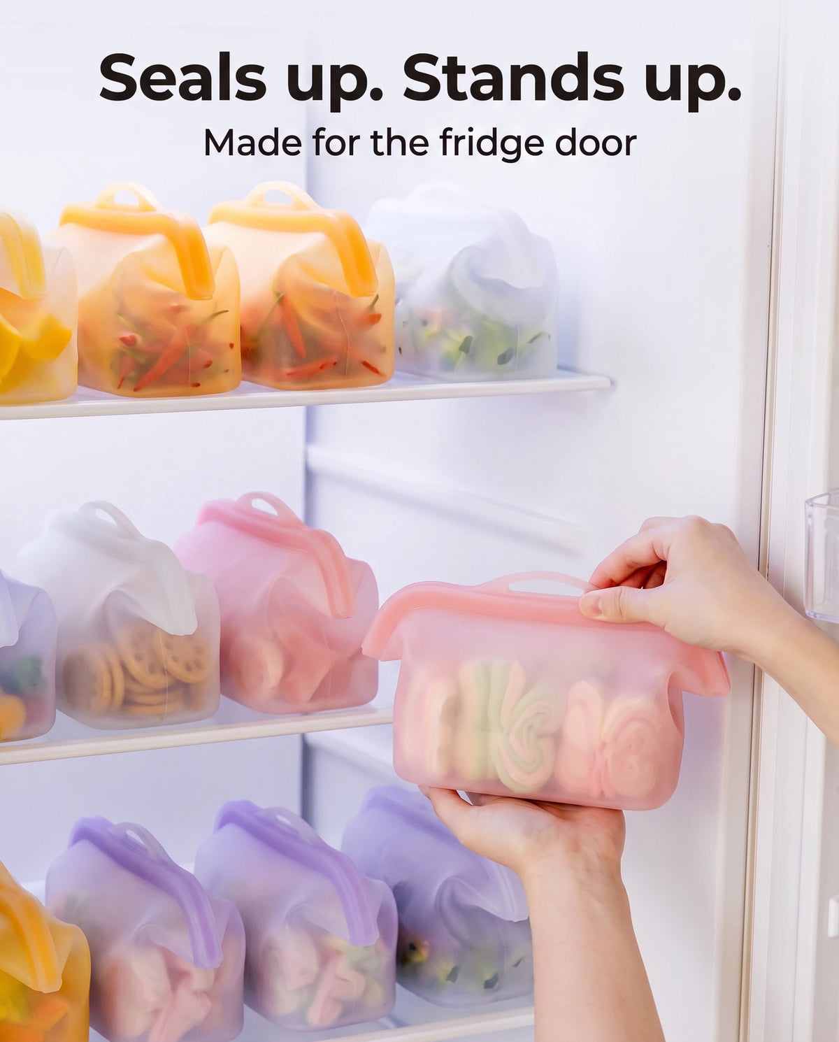 A Blush bag going onto a fridge door shelf next to other filled bags