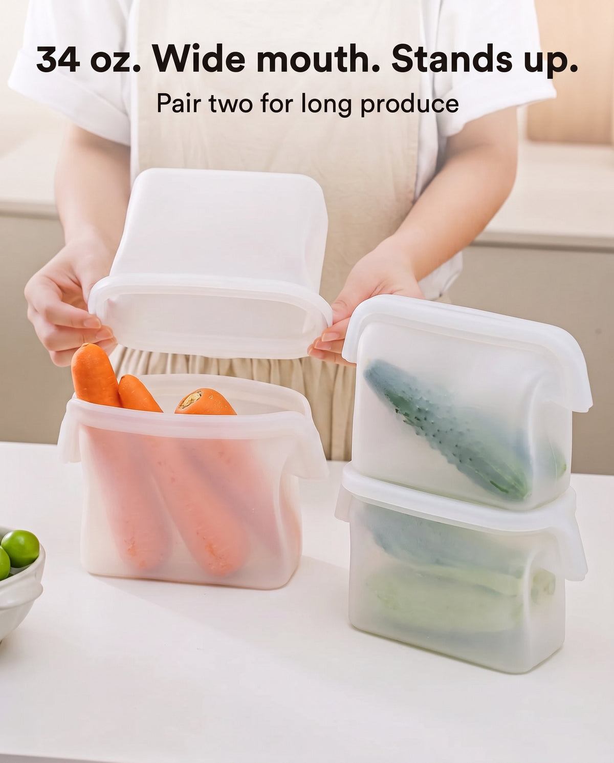 Two Cloud bags with carrots and cucumber, one fitted over the other rim to rim