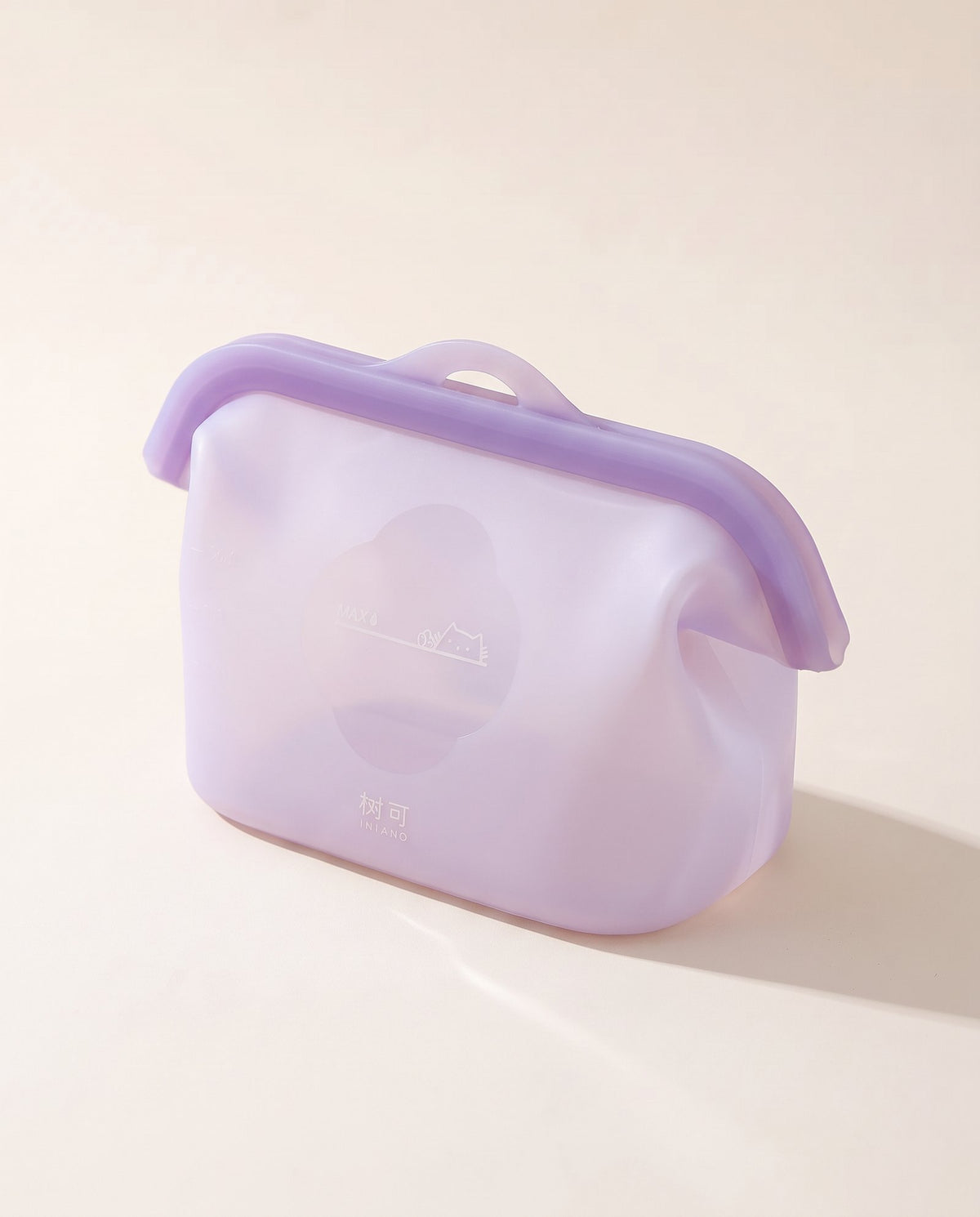 Periwinkle silicone storage bag in soft lavender, standing upright